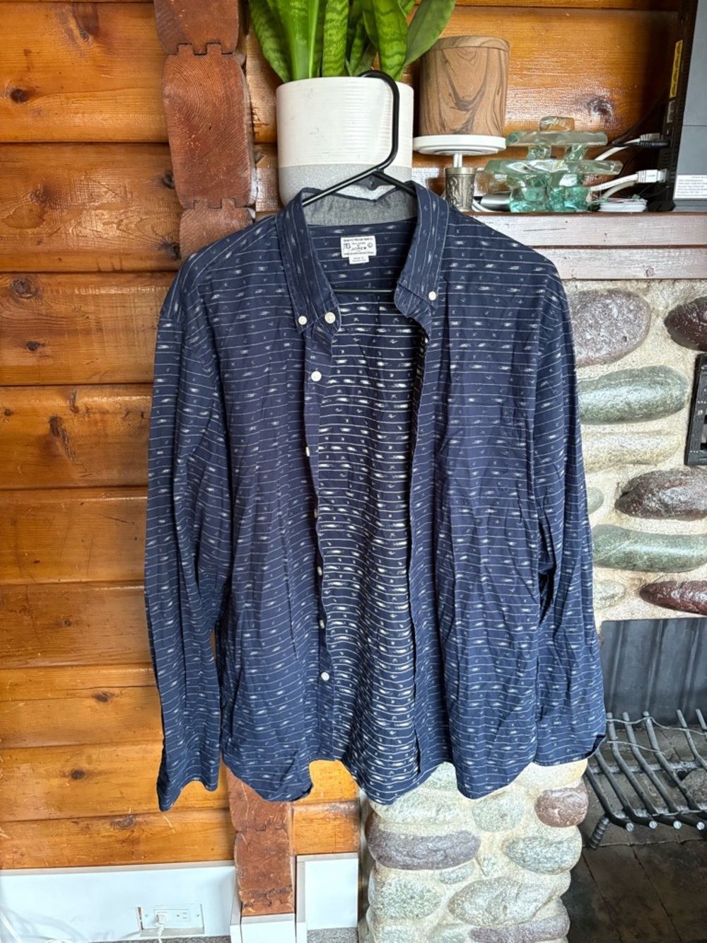 Vintage J.Crew Quality Woven Navy Stripe Cotton Button Down Shirt L